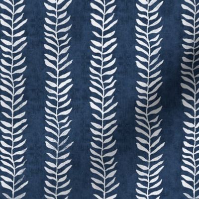 Botanical Block Print in Deep Navy | Leaf pattern fabric in navy blue from original plant block print, indigo blue, plant fabric in dark blue and white.