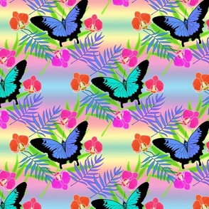 Tropical Butterflies & Orchids #2 - rainbow, medium to large  