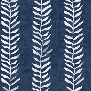 Botanical Block Print in Deep Navy (large scale) | Leaf pattern fabric in navy blue from original plant block print, indigo blue, plant fabric in dark blue and white.