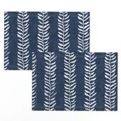 Botanical Block Print in Deep Navy (xl scale) | Leaf pattern fabric in navy blue from original plant block print, indigo blue, plant fabric in dark blue and white.