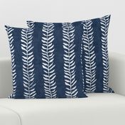Botanical Block Print in Deep Navy (xl scale) | Leaf pattern fabric in navy blue from original plant block print, indigo blue, plant fabric in dark blue and white.