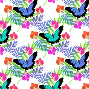 Tropical Butterflies & Orchids #1 - white, medium to large  
