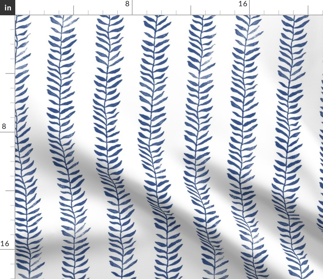 Botanical Block Print in Deep Navy on White (large scale) | Leaf pattern fabric in navy blue from original plant block print, indigo blue, plant fabric in dark blue and white.