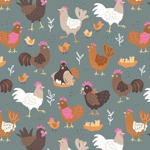 Little chicken and rooster farm animals sweet kids ranch theme brown beige pink on stone blue 