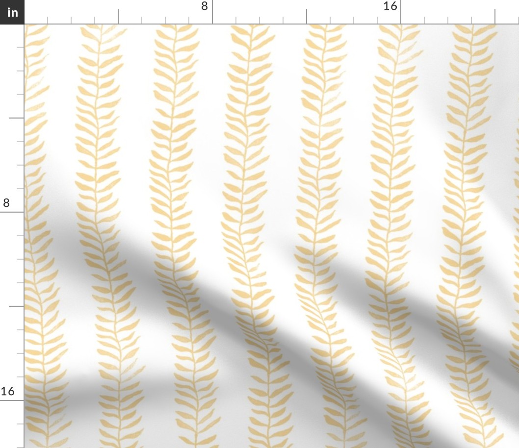 Botanical Block Print in Gold on White (large scale) | Leaf pattern fabric in gold yellow from original plant block print, mustard, barley yellow and white, soft yellow plant fabric for natural decor.