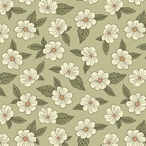 Vintage White Floral on Green (Small Scale)