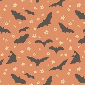 Bat Silhouettes and Flowers on Orange (Small Size)