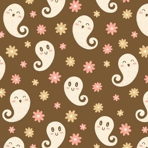 Cute Ghosts & Flowers on Brown (Small Scale)