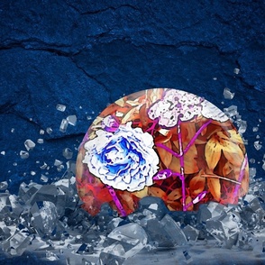 Blue peony and broken ice, on ocean