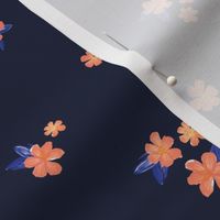 Little watercolor painted flowers tropical hibiscus blossom garden and petals summer design blue peach on navy