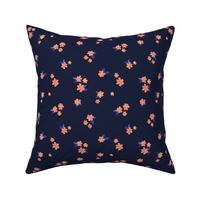 Little watercolor painted flowers tropical hibiscus blossom garden and petals summer design blue peach on navy