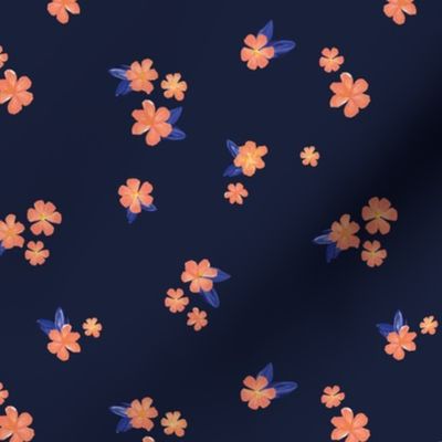 Little watercolor painted flowers tropical hibiscus blossom garden and petals summer design blue peach on navy