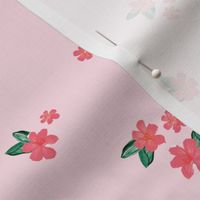 Little watercolor painted flowers tropical hibiscus blossom garden and petals summer design pink blush green