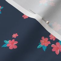 Little watercolor painted flowers tropical hibiscus blossom garden and petals summer design pink aqua on marine blue