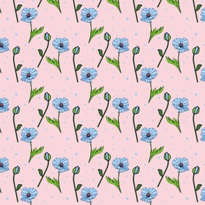 Blue Poppies and dots on pink background