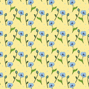 Blue Poppies and dots on yellow 