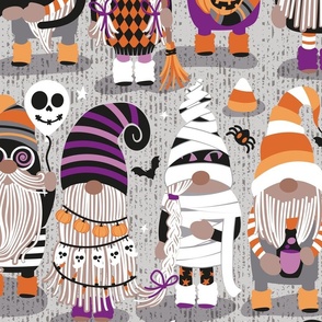 Large jumbo scale // Boo-tiful gnomes // grey background fun little creatures black grey purple and orange dressed for halloween