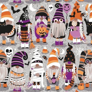 Normal scale // Boo-tiful gnomes // grey background fun little creatures black grey purple and orange dressed for halloween