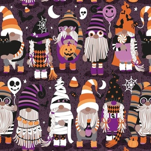 Normal scale // Boo-tiful gnomes // purple beet background fun little creatures black grey purple and orange dressed for halloween