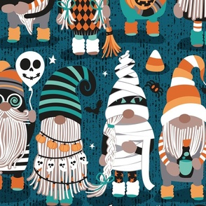 Large jumbo scale // Boo-tiful gnomes // dark teal background fun little creatures black grey green mint and orange dressed for halloween