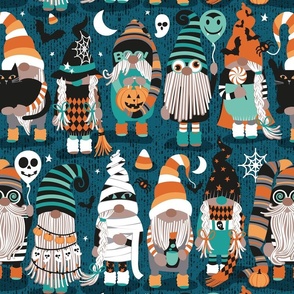 Normal scale // Boo-tiful gnomes // dark teal background fun little creatures black grey green mint and orange dressed for halloween