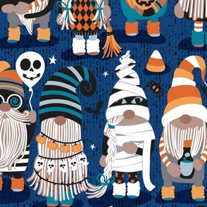 Large jumbo scale // Boo-tiful gnomes // classic blue background fun little creatures black grey pastel blue and orange dressed for halloween