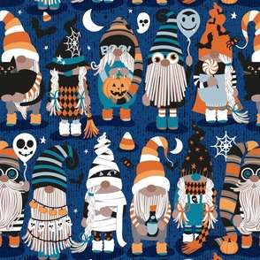 Normal scale // Boo-tiful gnomes // classic blue background fun little creatures black grey pastel blue and orange dressed for halloween