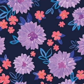 Watercolor painted summer flowers tropical hibiscus blossom garden and petals summer design pink lilac blue on navy