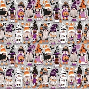 Tiny scale // Boo-tiful gnomes // grey background fun little creatures black grey purple and orange dressed for halloween