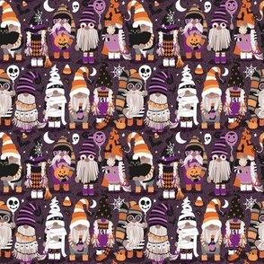 Tiny scale // Boo-tiful gnomes // purple beet background fun little creatures black grey purple and orange dressed for halloween