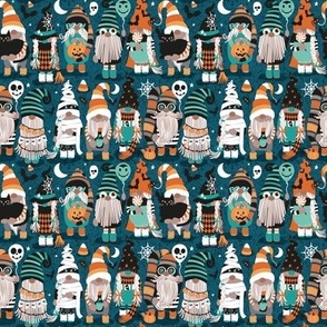 Tiny scale // Boo-tiful gnomes // dark teal background fun little creatures black grey green mint and orange dressed for halloween