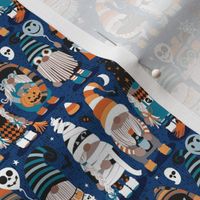 Tiny scale // Boo-tiful gnomes // classic blue background fun little creatures black grey pastel blue and orange dressed for halloween
