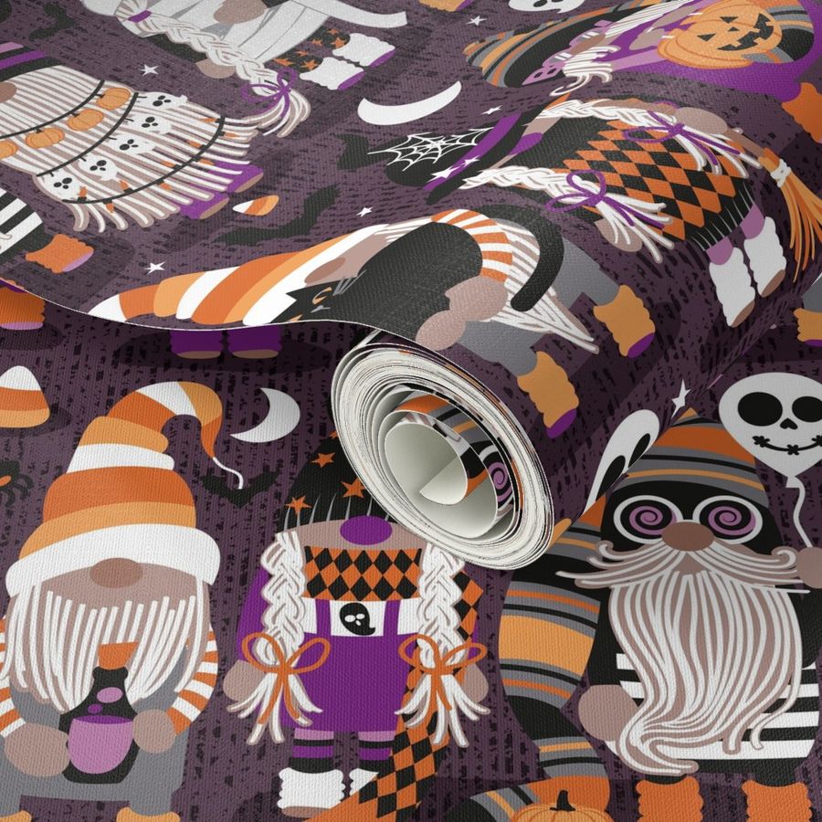 Small scale // Boo-tiful gnomes // purple beet background fun little creatures black grey purple and orange dressed for halloween