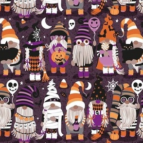 Small scale // Boo-tiful gnomes // purple beet background fun little creatures black grey purple and orange dressed for halloween
