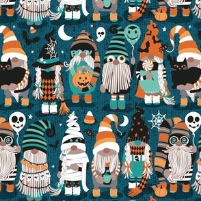 Small scale // Boo-tiful gnomes // dark teal background fun little creatures black grey green mint and orange dressed for halloween