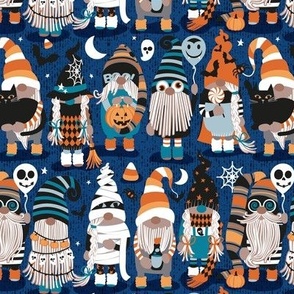 Small scale // Boo-tiful gnomes // classic blue background fun little creatures black grey pastel blue and orange dressed for halloween