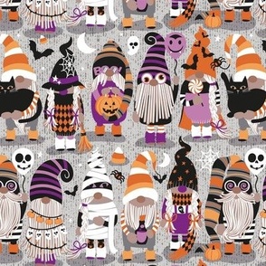Small scale // Boo-tiful gnomes // grey background fun little creatures black grey purple and orange dressed for halloween