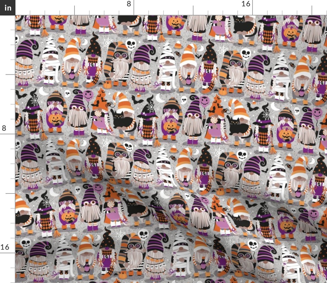 Small scale // Boo-tiful gnomes // grey background fun little creatures black grey purple and orange dressed for halloween