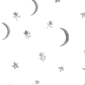 Platinum grey boho moonlight - watercolor moons and florals minimalistic esoteric a404-9