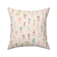 IPA characters and descriptions - large size pink, teal, green, light blue and olive on pale pink