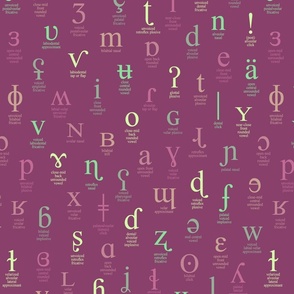 IPA characters and descriptions - large size, green, pink and gold on red-violet