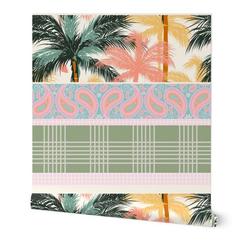 Palm Trees Paisley Grid Patchwork Wallpaper | Spoonflower