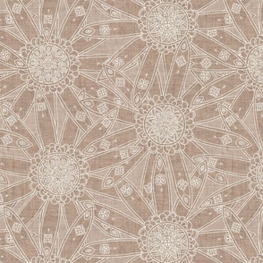 Boho neutral mandala floral - medium scale - white on linen