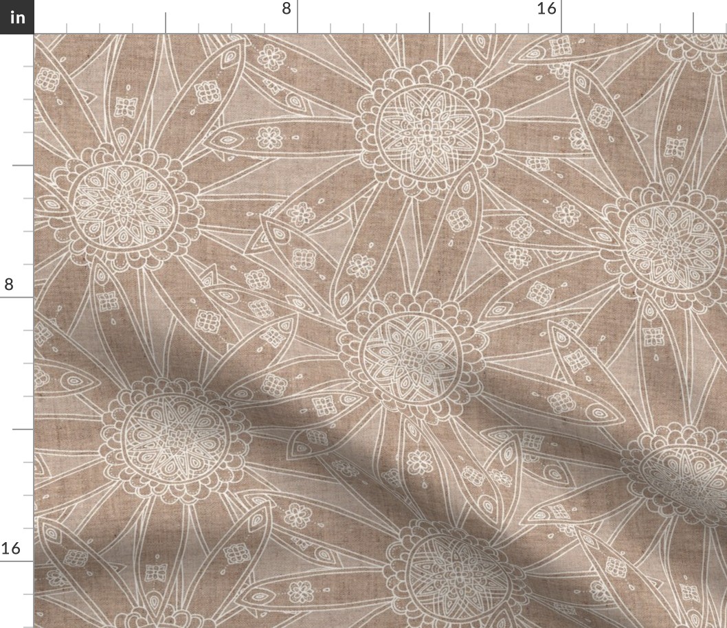 Boho neutral mandala floral - medium scale - white on linen