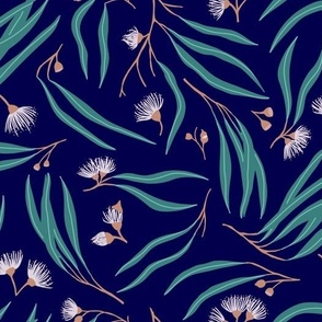 Lemon scented blossom and eucalyptus on navy blue