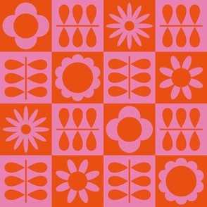 Scandinavian Checker Blooms - Orange and Pink - LG
