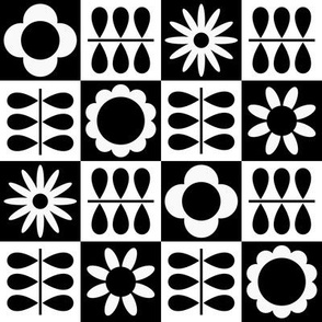 Scandinavian Checker Blooms - Black and White - Large