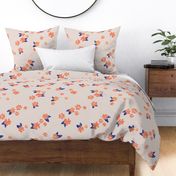 Little watercolor painted flowers tropical hibiscus blossom garden and petals summer design peach orange navy blue on blush beige JUMBO