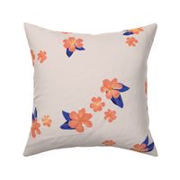 Little watercolor painted flowers tropical hibiscus blossom garden and petals summer design peach orange navy blue on blush beige JUMBO