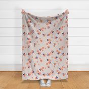 Little watercolor painted flowers tropical hibiscus blossom garden and petals summer design peach orange navy blue on blush beige JUMBO
